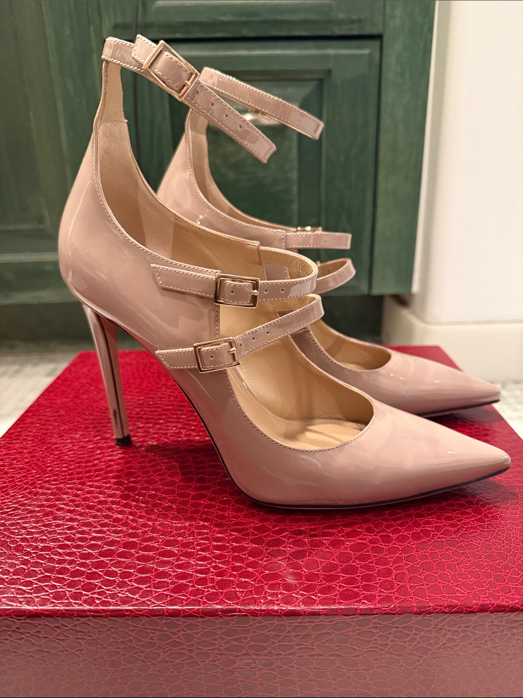 Tamara Mellon Pistol 105 Patent Taupe Pointed Triple-Strap Stiletto Heels